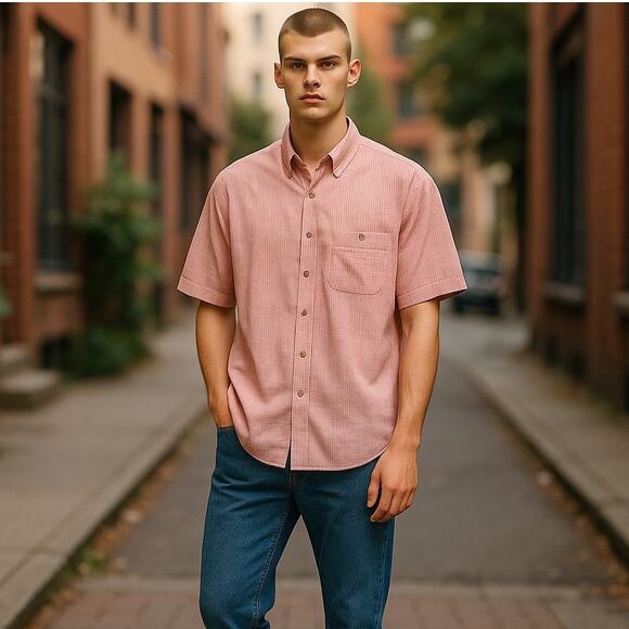 Vtg Eddie Bauer Red/White Stripe Seersucker Short Sleeve Button Down Shirt Sze M - Picture 1 of 8